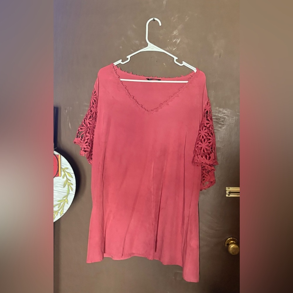 BloomChick Dusty Rose Shirt with Lace Sleeves Lace Sleeves. - Picture 3 of 8